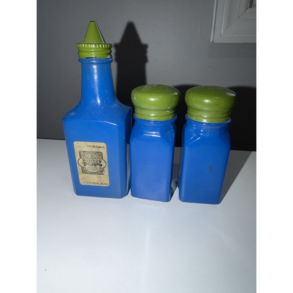 VTG GEMCO‎ PANTRY POPS SALT & PEPPER SHAKERS VINEGAR BOTTLE BLUE GLASSWARE